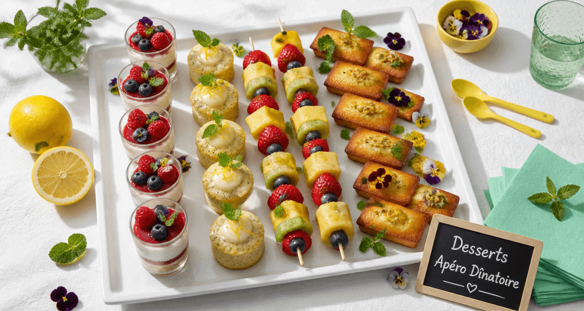 Plateau dessert apéro dinatoire avec verrines, financiers et fruits