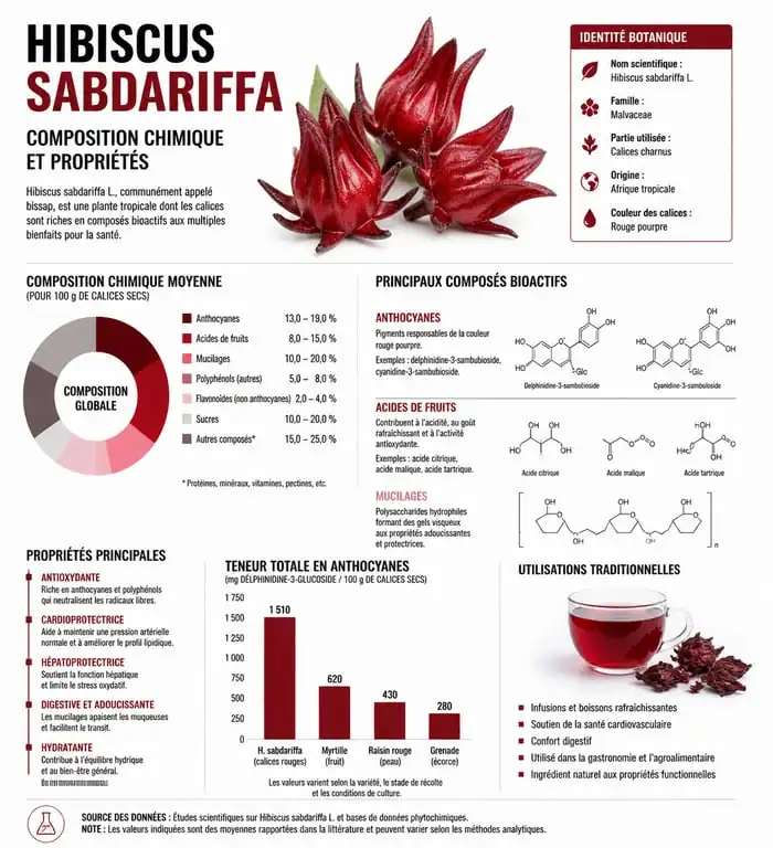 Infographie sur les bienfaits et la composition de la fleur d'hibiscus sabdariffa