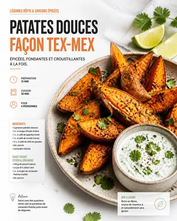 Accompagnement patate douce rôtie façon Tex-Mex avec sauce au yaourt