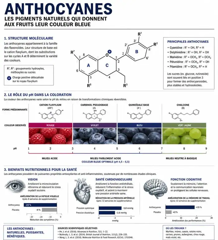 Infographie sur les bienfaits nutritionnels et les propriétés biologiques des fruits bleus