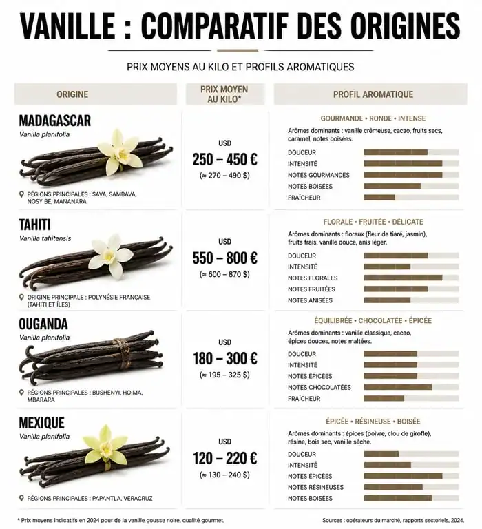 Infographie comparative des prix et profils aromatiques de la gousse de vanille par origine