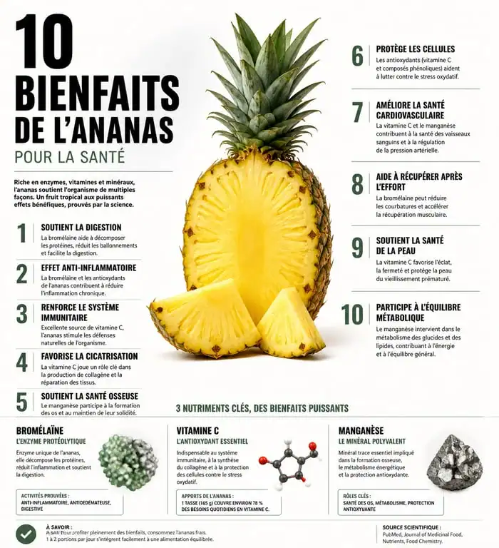 Infographie des 10 bienfaits de l'ananas pour la santé et la nutrition