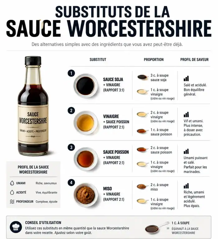 Infographie des meilleurs substituts à la sauce Worcestershire pour remplacer cet ingrédient dans vos recettes