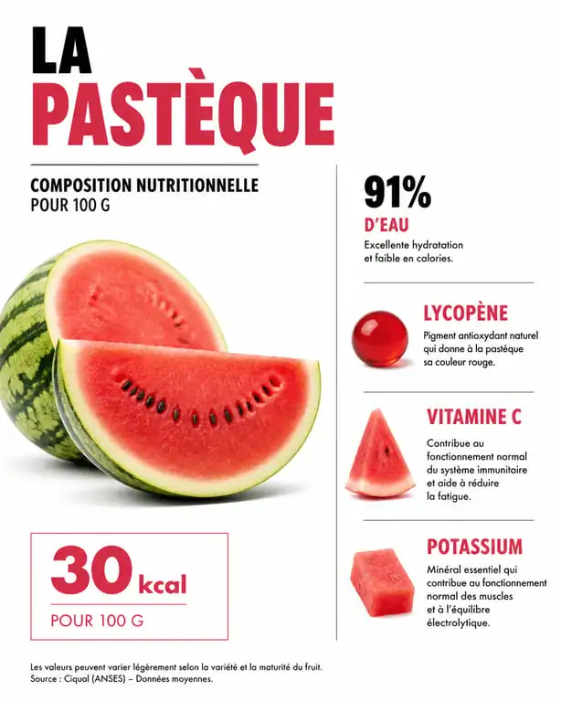Infographie nutritionnelle de la pastèque et ses bienfaits santé