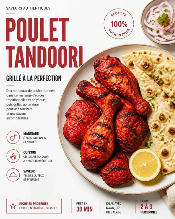 Poulet tandoori grillé traditionnel servi avec des naans et du citron