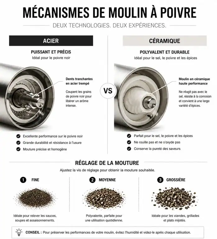 Comparatif des mécanismes de moulin à poivre en acier et céramique et guide des moutures