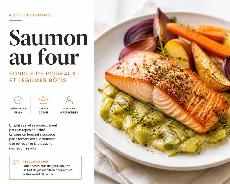 Saumon au four et ses accompagnements de légumes rôtis sur une assiette élégante
