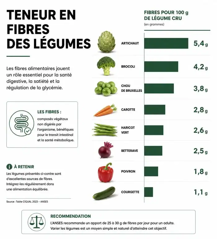 Infographie comparative des légumes les plus riches en fibres alimentaires pour une meilleure santé digestive