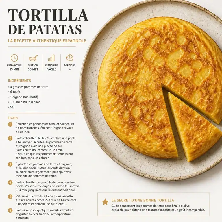 Recette en espagnol tortilla de patatas traditionnelle servie dans une assiette