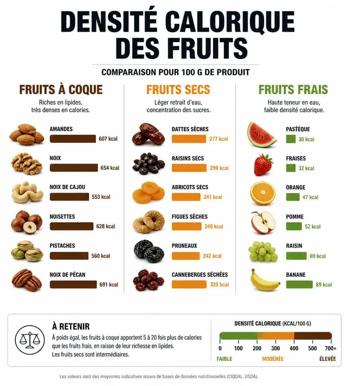 Infographie comparative des calories des fruits : fruits à coque, secs et frais