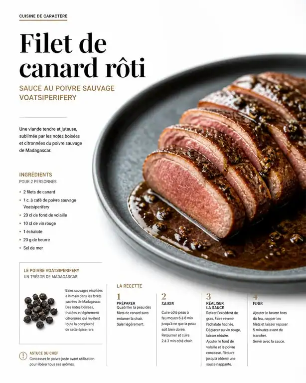 Filet de canard au poivre de Madagascar Voatsiperifery dressé dans une assiette