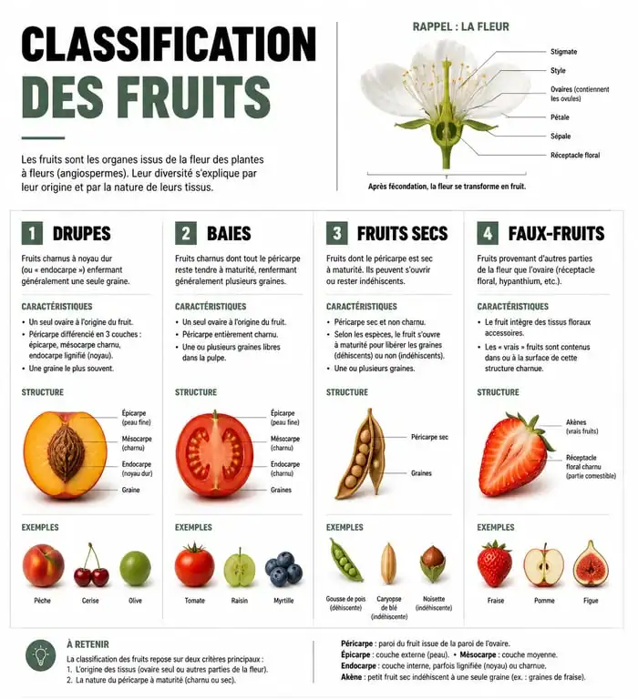 Infographie illustrant la classification botanique des fruits et la liste des fruits par catégorie