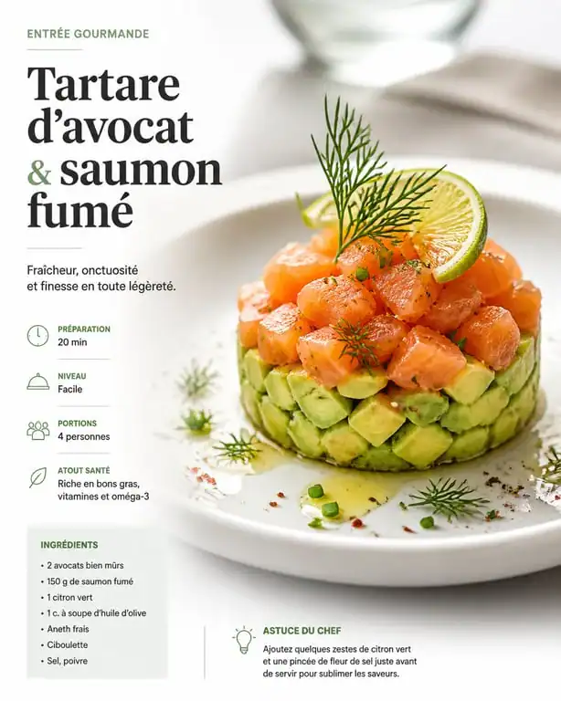 Entrée à l'avocat et saumon fumé dressée sur une assiette élégante
