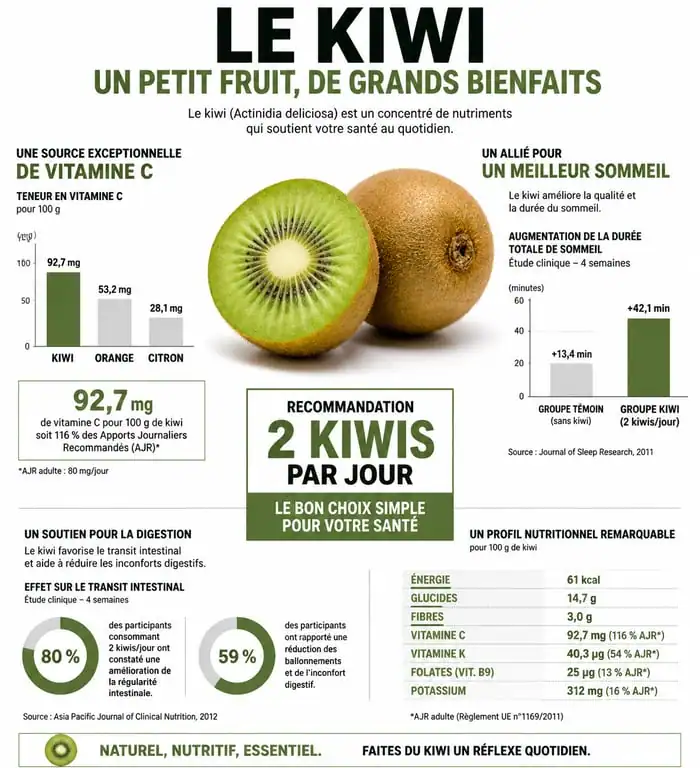 Infographie des bienfaits nutritionnels du kiwi et recommandation de consommation quotidienne