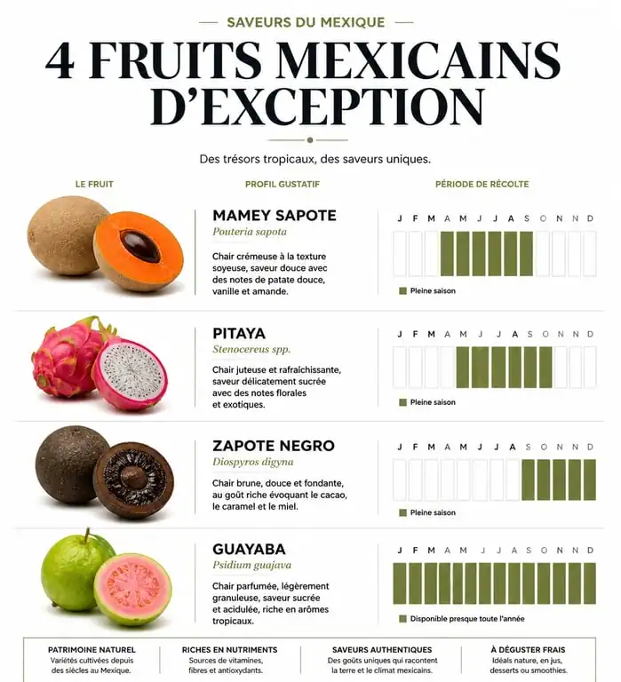 Infographie des fruits typiques du Mexique : Mamey Sapote, Pitaya, Zapote Negro et Guayaba avec leurs saisons de récolte et caractéristiques.