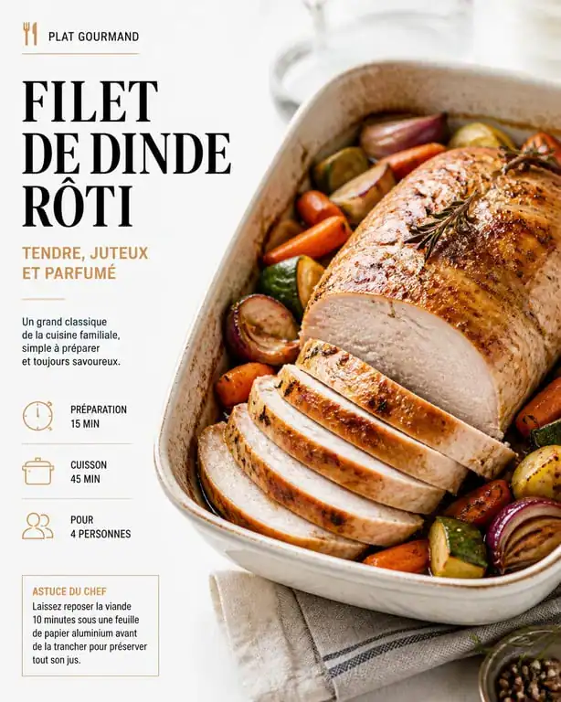 Recette filet de dinde au four moelleux servi dans un plat avec des légumes