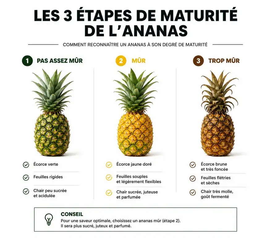 Infographie montrant comment savoir si un ananas est mûr : guide visuel des étapes de maturité