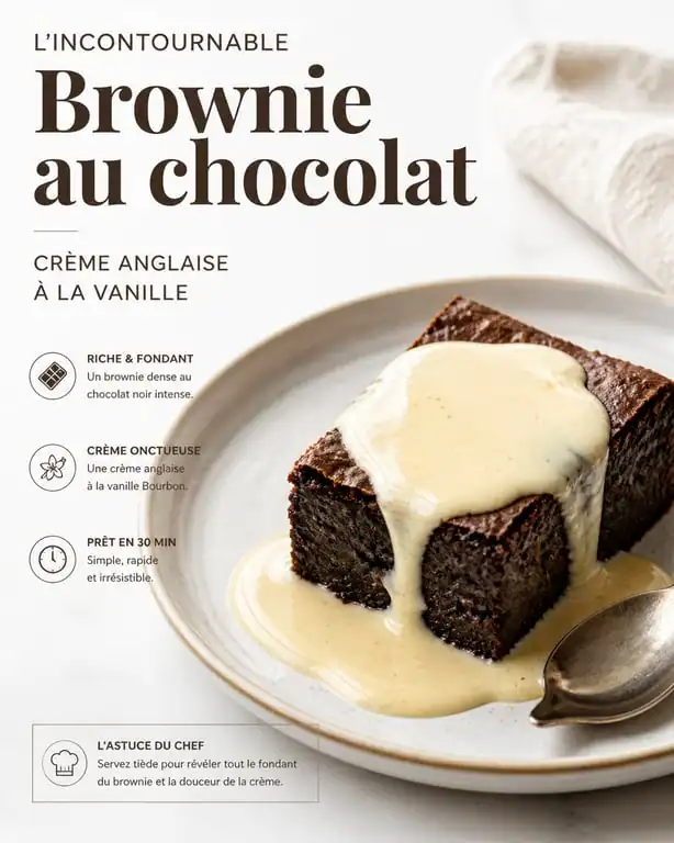 Brownie au chocolat nappé de crème anglaise pour accompagner un dessert