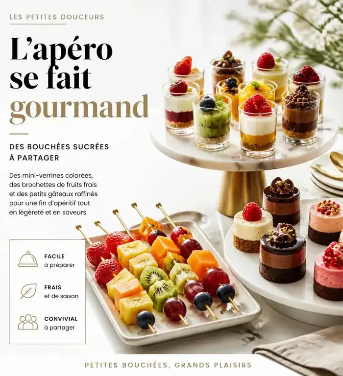 Plateau de desserts pour apéro dînatoire avec verrines, brochettes de fruits et mini-gâteaux