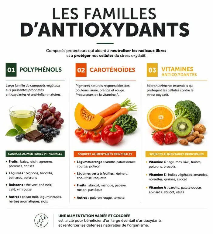 Infographie sur les familles d'aliments riches en antioxydants et leurs bienfaits santé