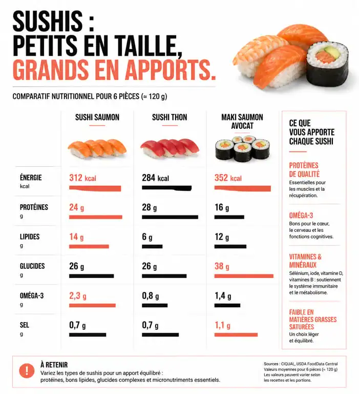 Infographie nutritionnelle sur les bienfaits et risques des sushis pour la santé