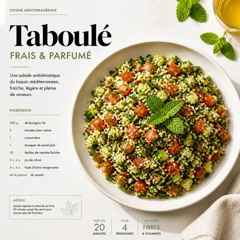 Recette taboulé méditerranéen frais et coloré dans une assiette