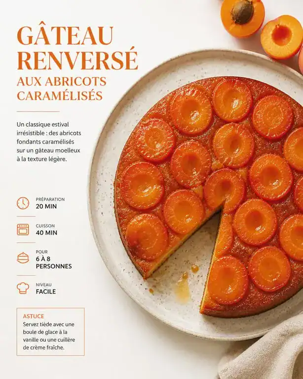 Gâteau renversé aux abricots caramélisés, un dessert fruité et gourmand pour l'été.