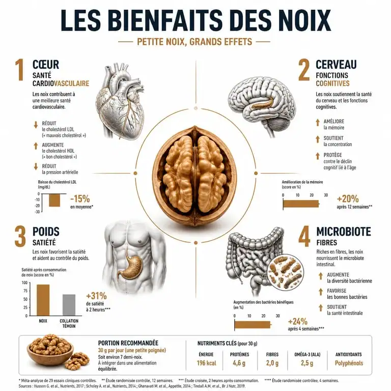 Infographie des bienfaits des noix pour la santé : cœur, cerveau, poids et microbiote