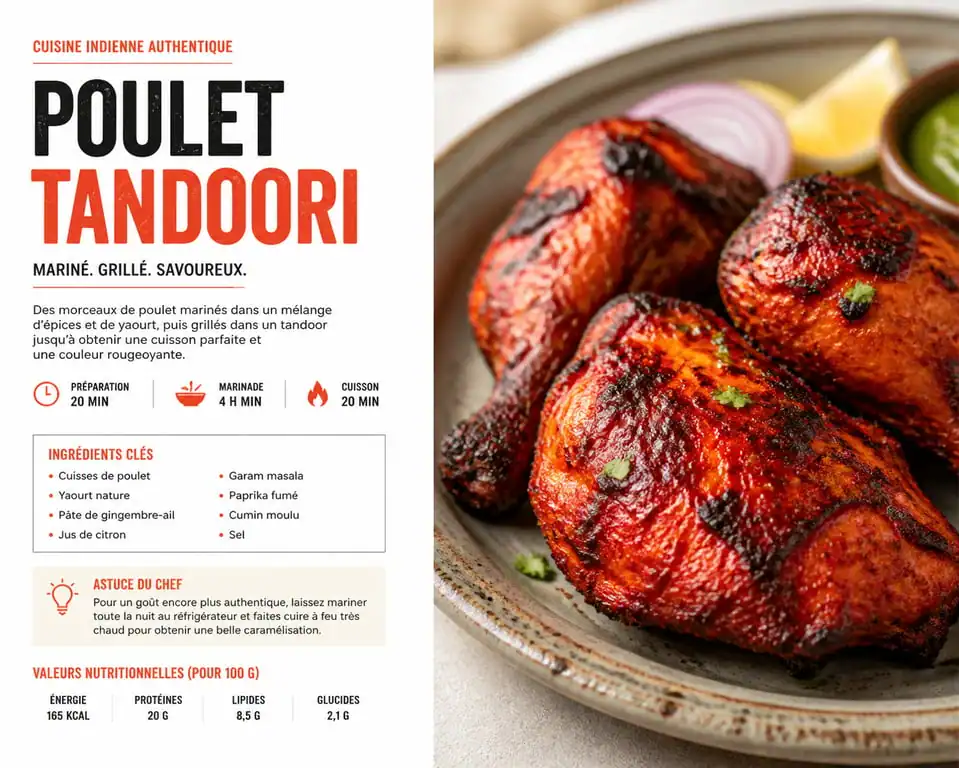 Poulet tandoori grillé avec ses épices tandoori, prêt à être dégusté