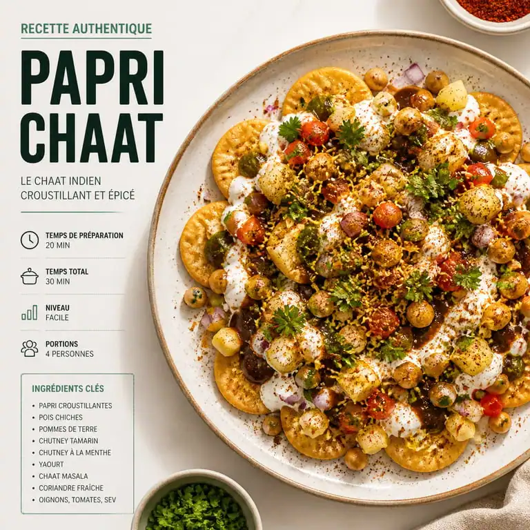 Assiette de Papri Chaat saupoudrée de chaat masala, plat de street food indien