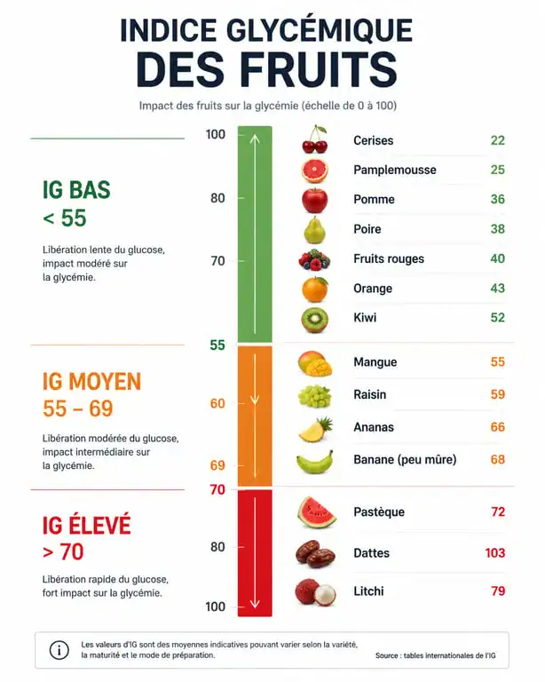 Infographie de l'indice glycémique des fruits classés par catégories bas, moyen et élevé