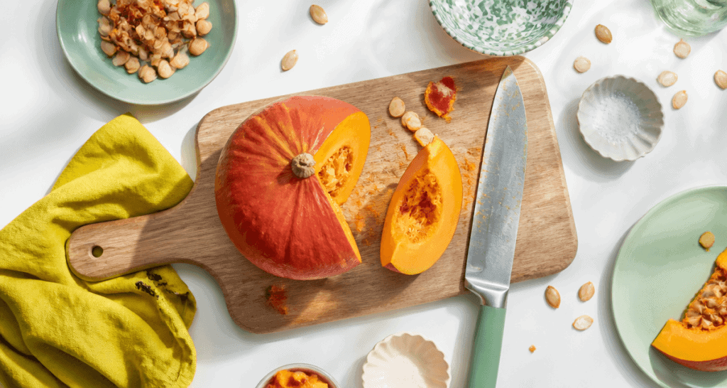 Potimarron et couteau sur une planche en cuisine