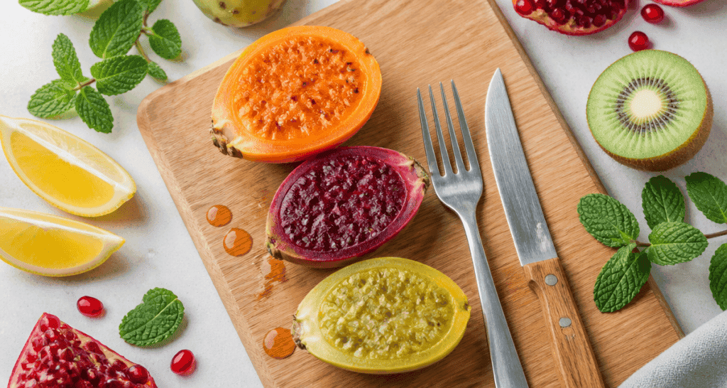 Figue de barbarie comment manger, fruits coupés sur planche