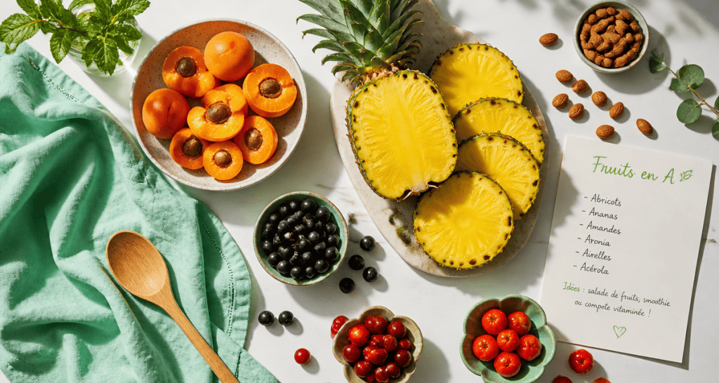 Fruits en A variés sur table, abricot, ananas, aronia