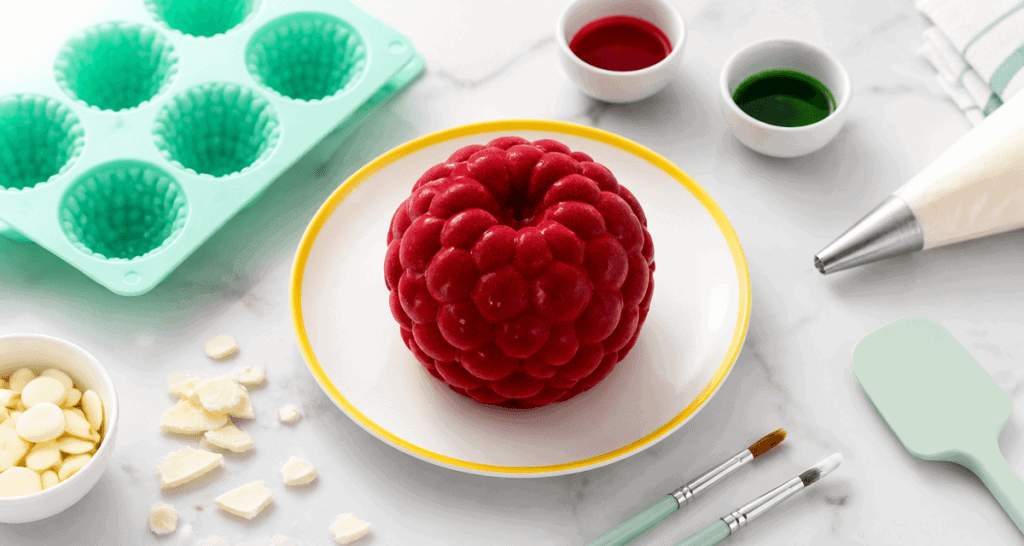 Gâteau trompe l'oeil framboise géante sur assiette blanche