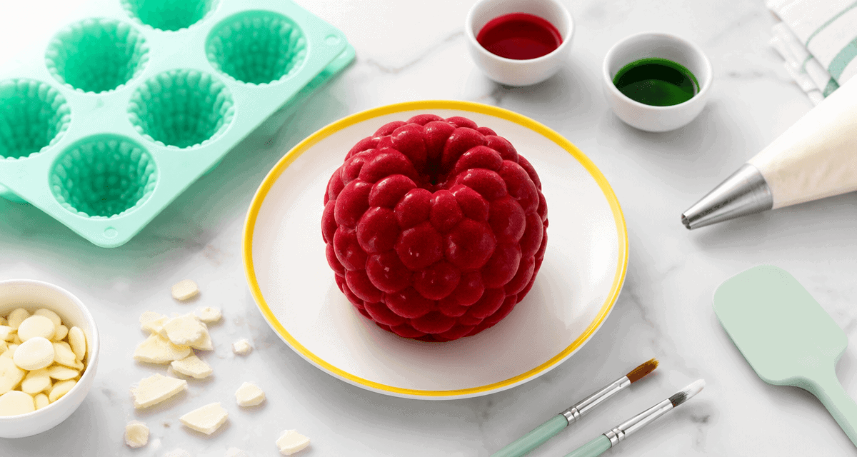 Gâteau trompe l'oeil framboise géante sur assiette blanche