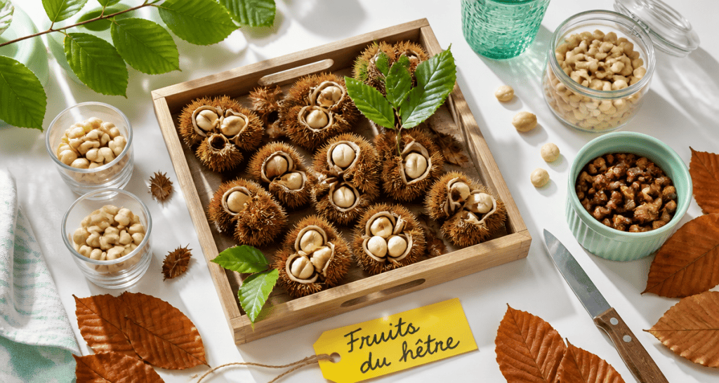 hêtre fruit faines ouvertes sur table