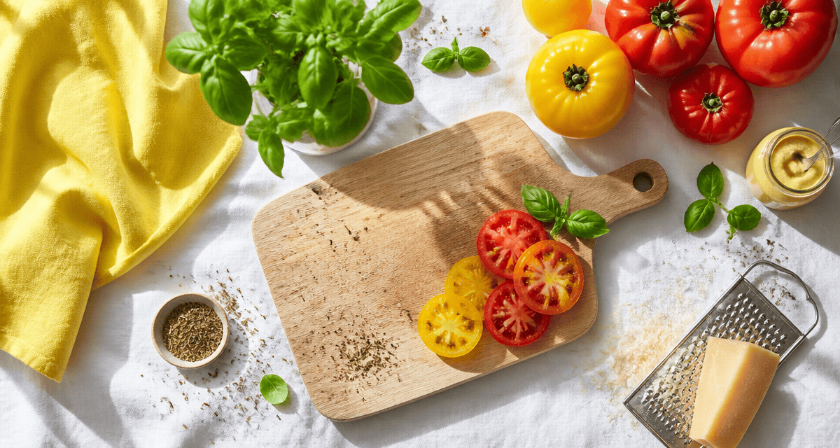 la tomate est fruit ou legume tranches sur planche avec ingrédients