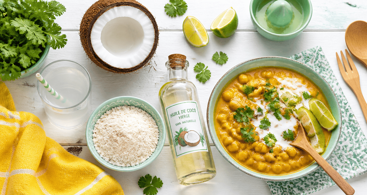 les bienfaits de la noix coco sur une table de cuisine