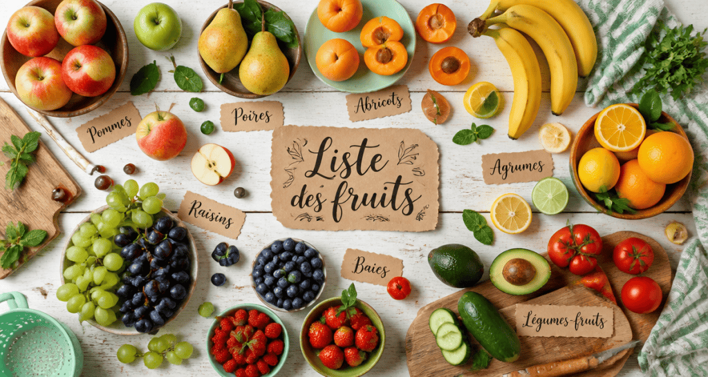 liste fruits variés table blanche