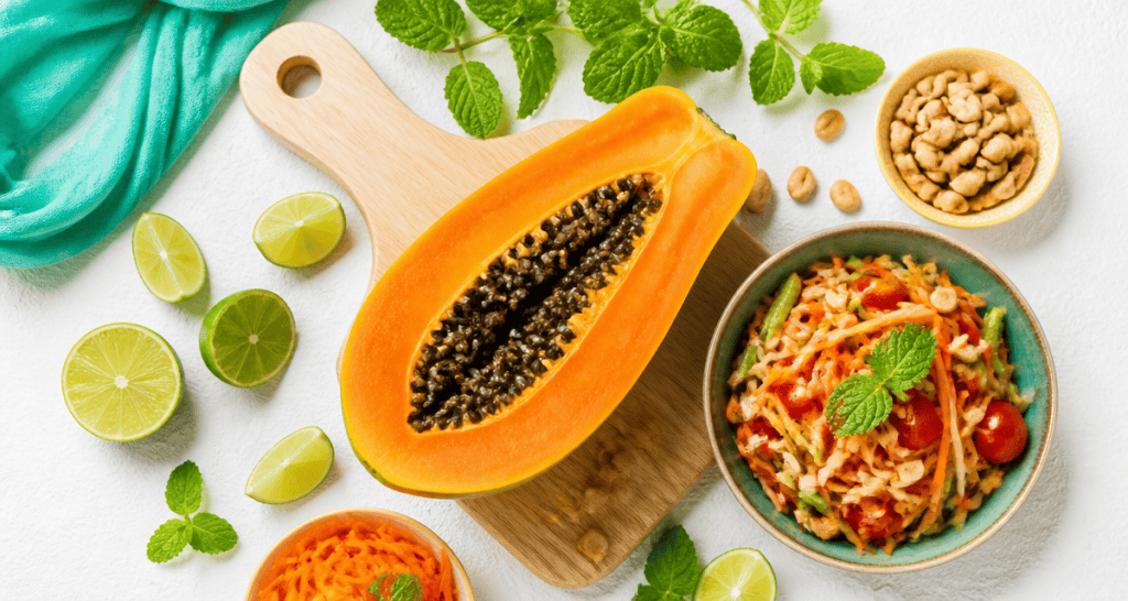 Papaye bienfaits, demi-papaye, salade Som Tum