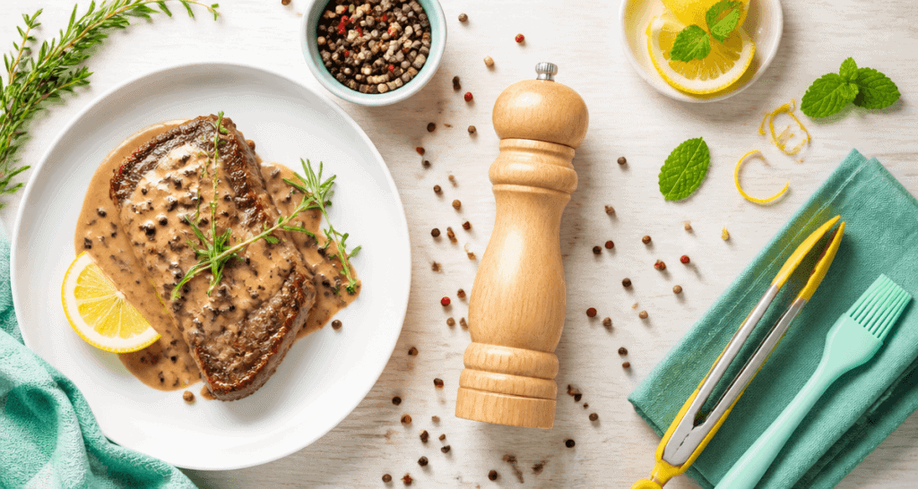 poivre moulin grains steak bois