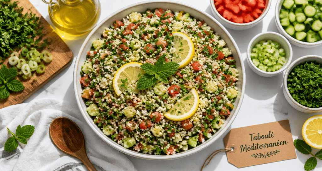 Taboulé méditerranéen frais servi à table