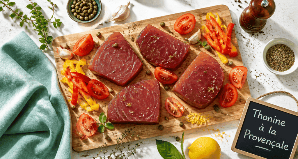 recette thonine à la provençale sur planche avec légumes et herbes