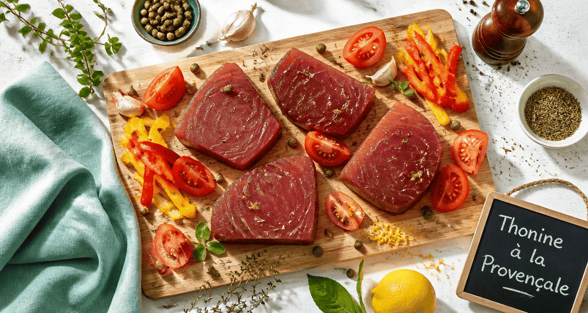 recette thonine à la provençale sur planche avec légumes et herbes