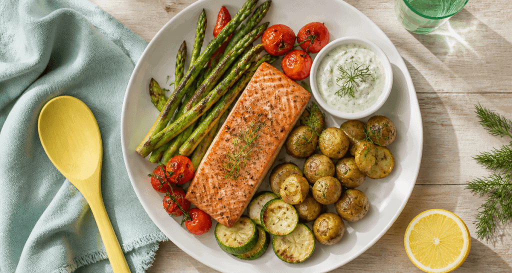 Saumon au four accompagnement légumes et pommes de terre
