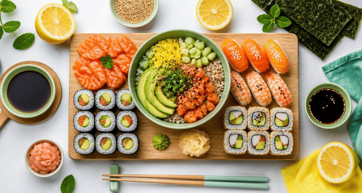sushi bon pour la sante plateau varié vue du dessus
