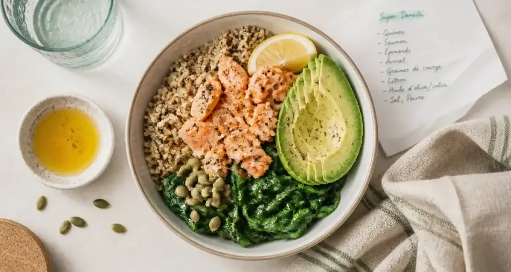 Bol Super-Densité, aliment riche en nutriment : quinoa, saumon, épinards, avocat et huile d’olive