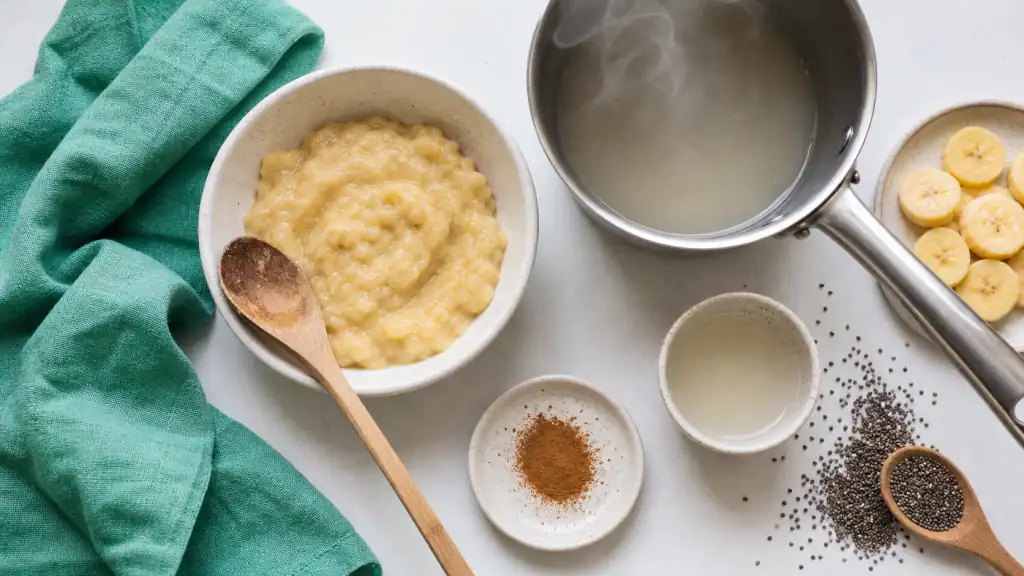 Banane bouillie bienfaits : bol de banane bouillie, cannelle et graines de chia