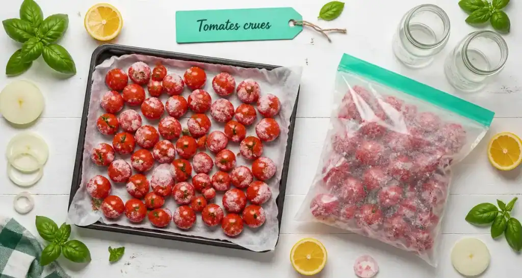 Congelation tomate crue : tomates cerises crues partiellement givrée